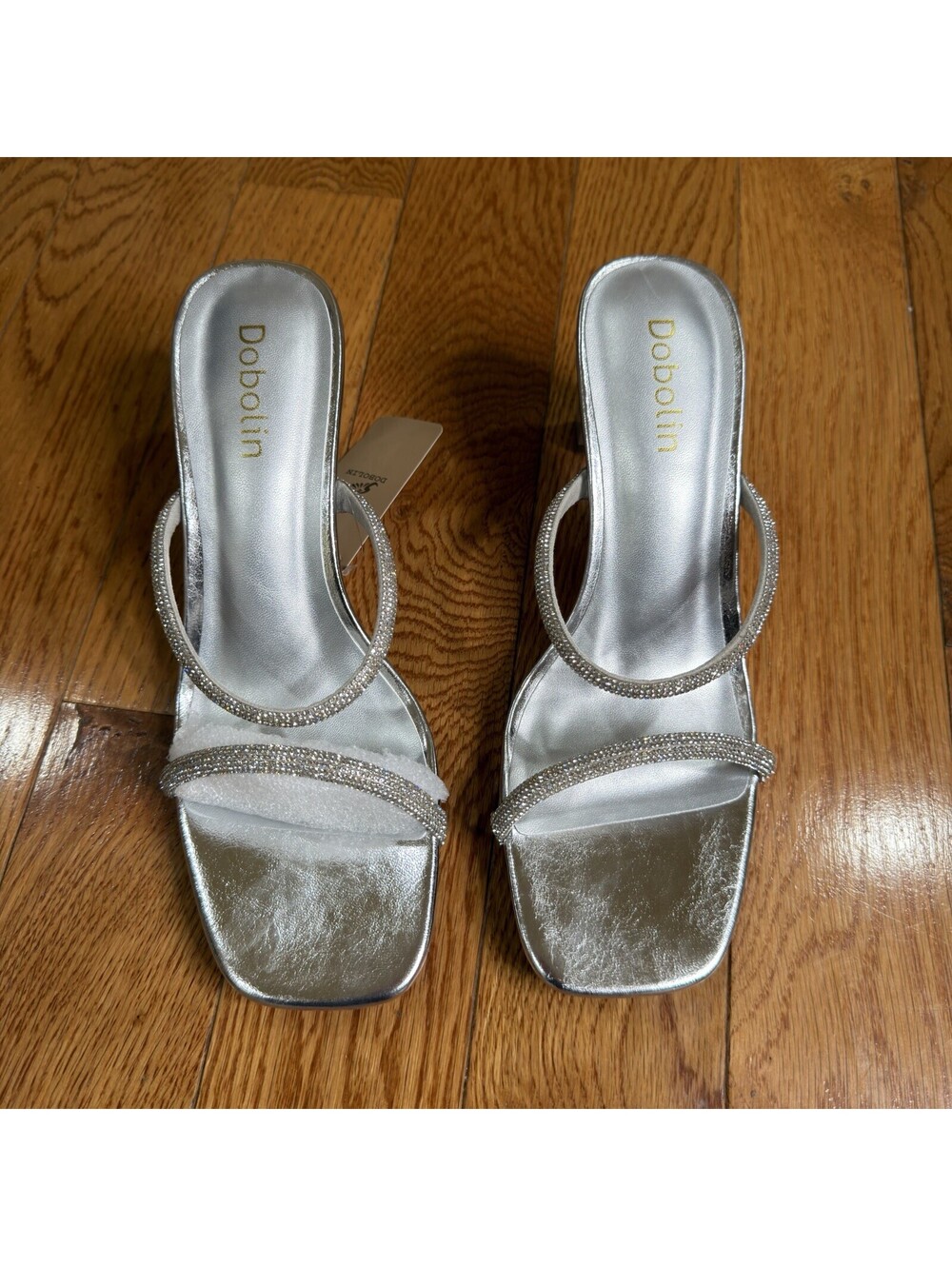 Dobolin Women's Silver Rhinestone Heeled Slide Sandals Size 9 Open Toe Mule - Picture 5 of 14